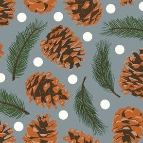 Small Pinecones and Pine Sprigs Polka Dot on Blue Grey