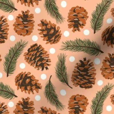 Small Pinecones and Pine Sprigs Polka Dot on Peach Fuzz