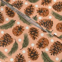 Small Pinecones and Pine Sprigs Polka Dot on Peach Fuzz