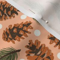 Small Pinecones and Pine Sprigs Polka Dot on Peach Fuzz