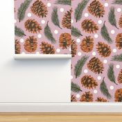Small Pinecones and Pine Sprigs Polka Dot on Christmas Pink