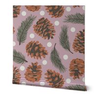 Small Pinecones and Pine Sprigs Polka Dot on Christmas Pink