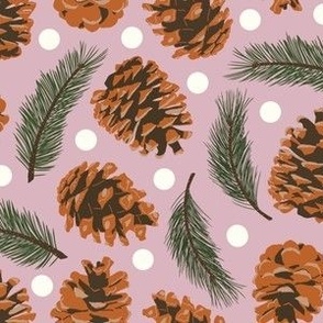 Small Pinecones and Pine Sprigs Polka Dot on Christmas Pink
