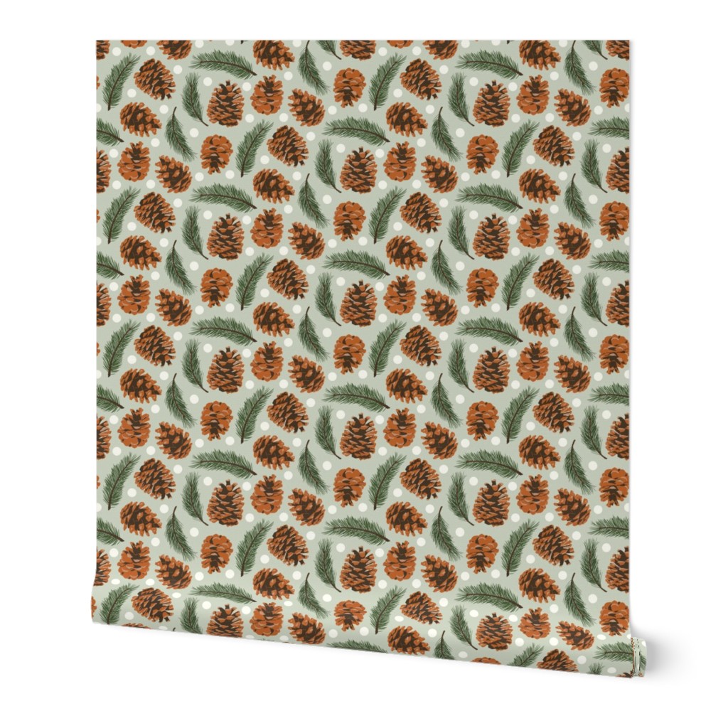 Small Pinecones and Pine Sprigs Polka Dot on Soft Mint