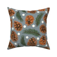 Large Pine Cones and Pine Sprigs Polka Dot on Blue Grey