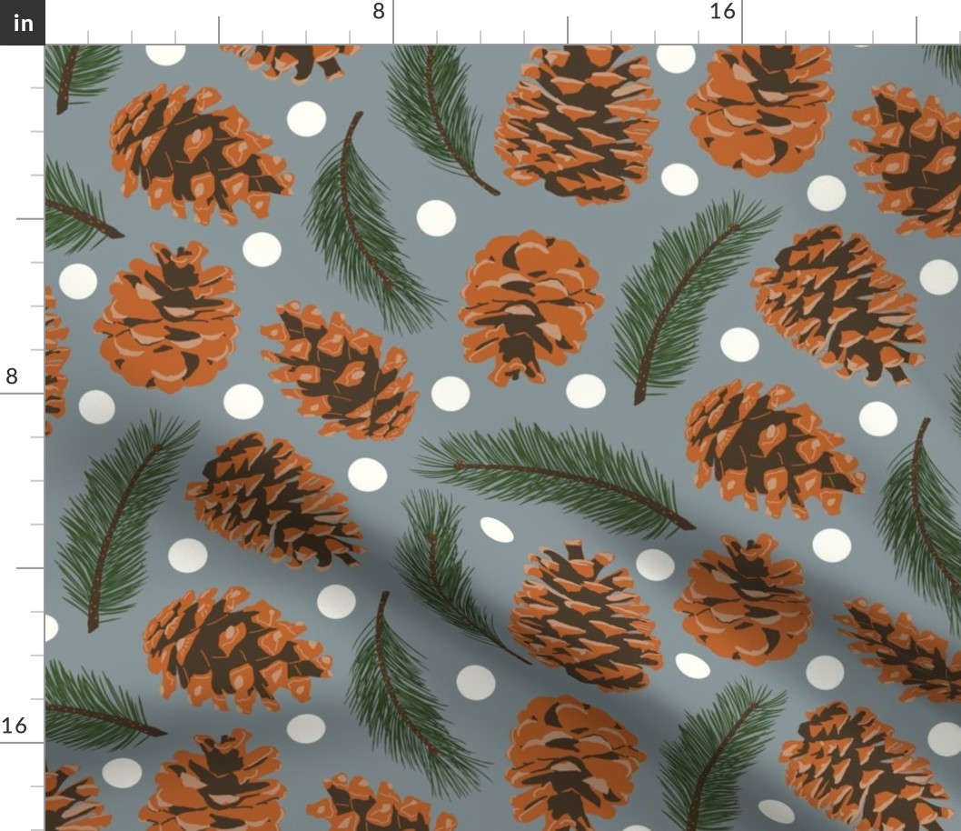 Large Pine Cones and Pine Sprigs Polka Dot on Blue Grey