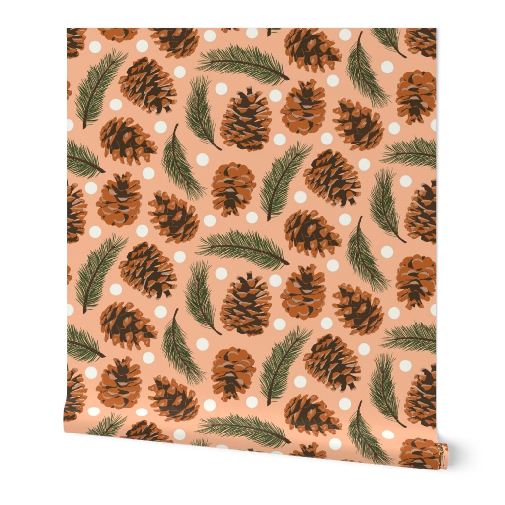 Large Pine Cones and Pine Sprigs Polka Dot on Peach Fuzz