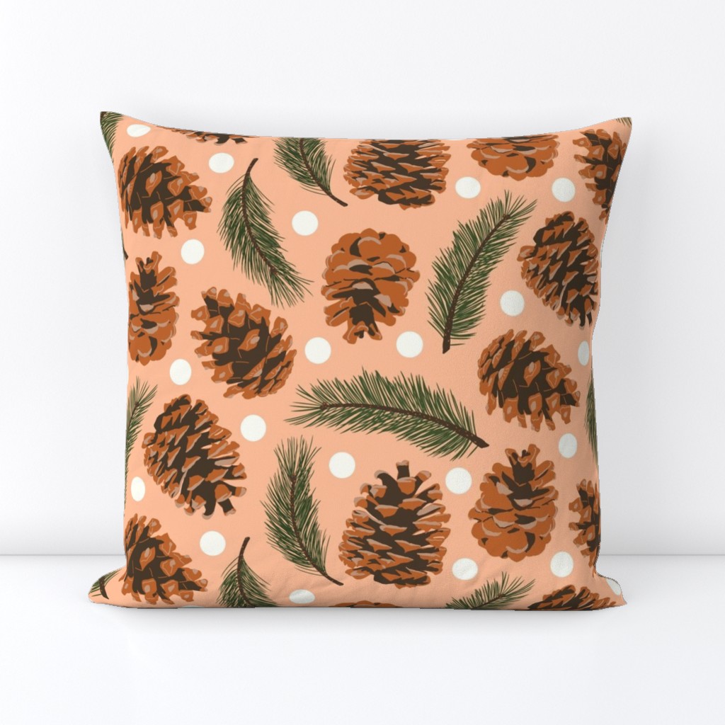 Large Pine Cones and Pine Sprigs Polka Dot on Peach Fuzz
