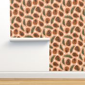 Large Pine Cones and Pine Sprigs Polka Dot on Peach Fuzz