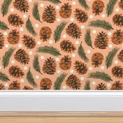 Large Pine Cones and Pine Sprigs Polka Dot on Peach Fuzz