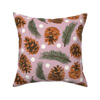 Large Pine Cones and Pine Sprigs Polka Dot on Christmas Pink