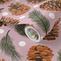 Large Pine Cones and Pine Sprigs Polka Dot on Christmas Pink
