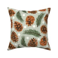 Large Pinecones and Pine Sprigs Polka Dot on Soft Mint