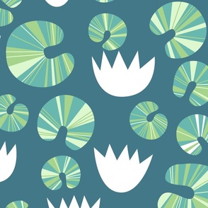 Large Water Lillies and Lily Pads Teal Green