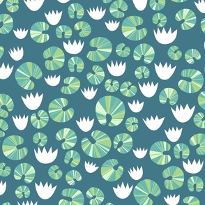 Medium Water Lillies and Lily Pads Teal Green