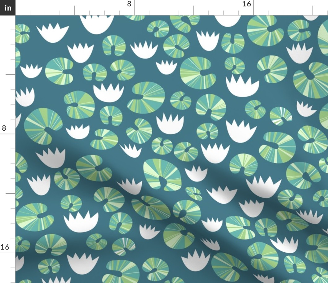 Medium Water Lillies and Lily Pads Teal Green