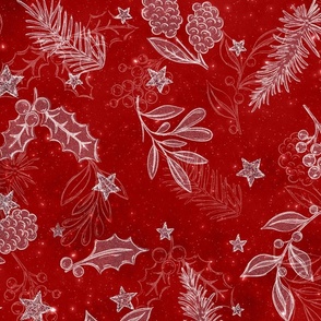 L // Glittery Christmas Holly Leaves in crimson red & Silver