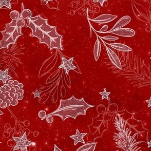 M // Glittery Christmas Holly Leaves in crimson red & Silver