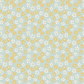Dot petal flowers  -  mint blue, ochre yellow and pastel pink        // Small scale