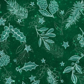 L // Glittery Christmas Holly Leaves in emerald green & Silver