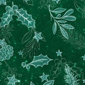 M // Glittery Christmas Holly Leaves in emerald green & Silver