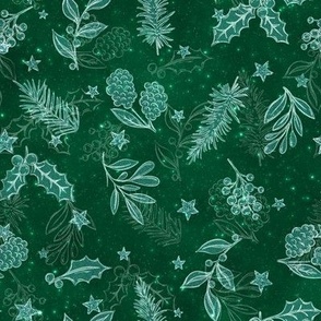 S // Glittery Christmas Holly Leaves in emerald green & Silver