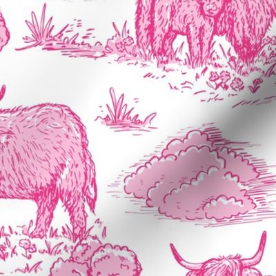 highland cow toile de jouy hot pinks and white large scale WB24