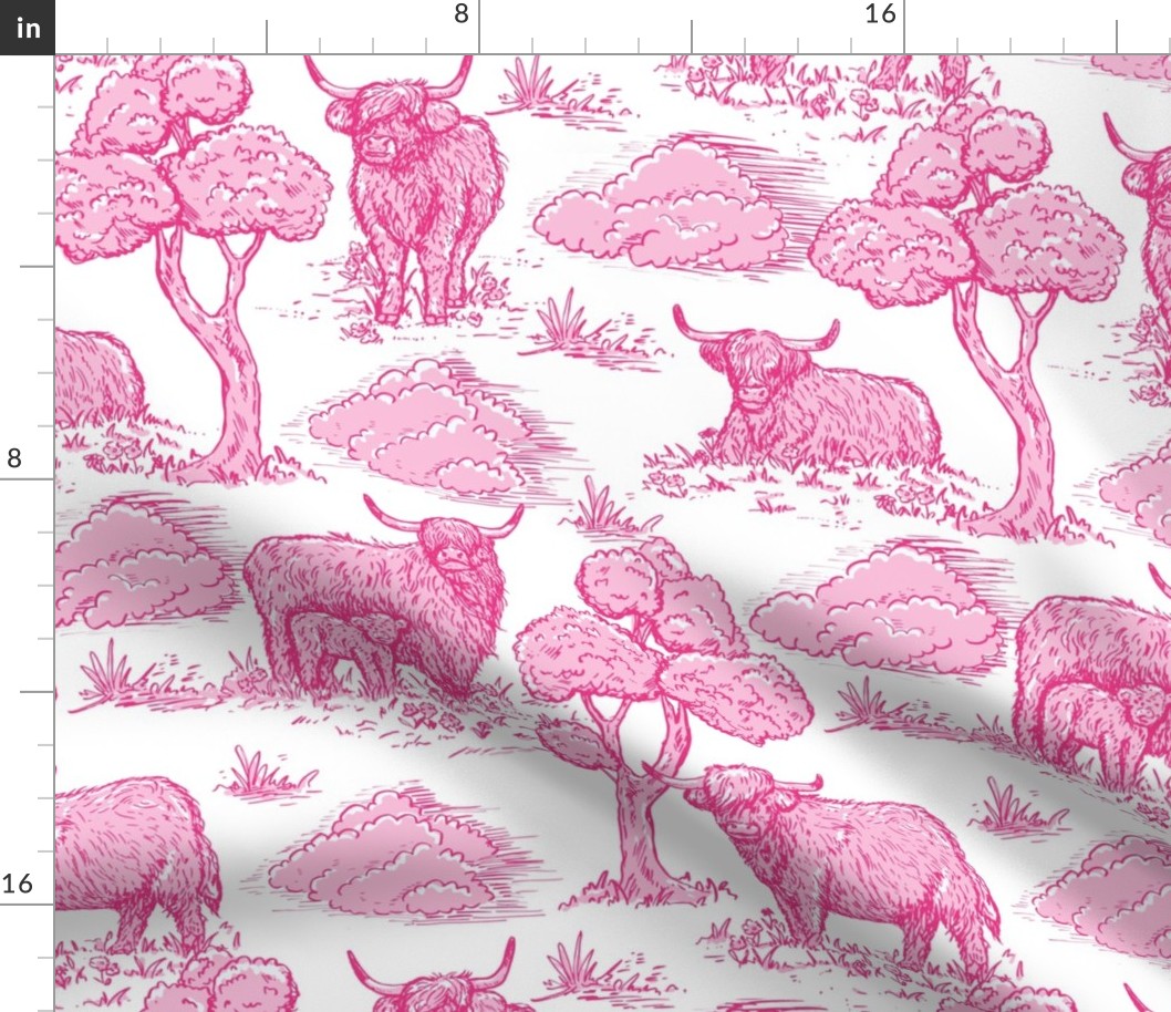 highland cow toile de jouy hot pinks and white large scale WB24