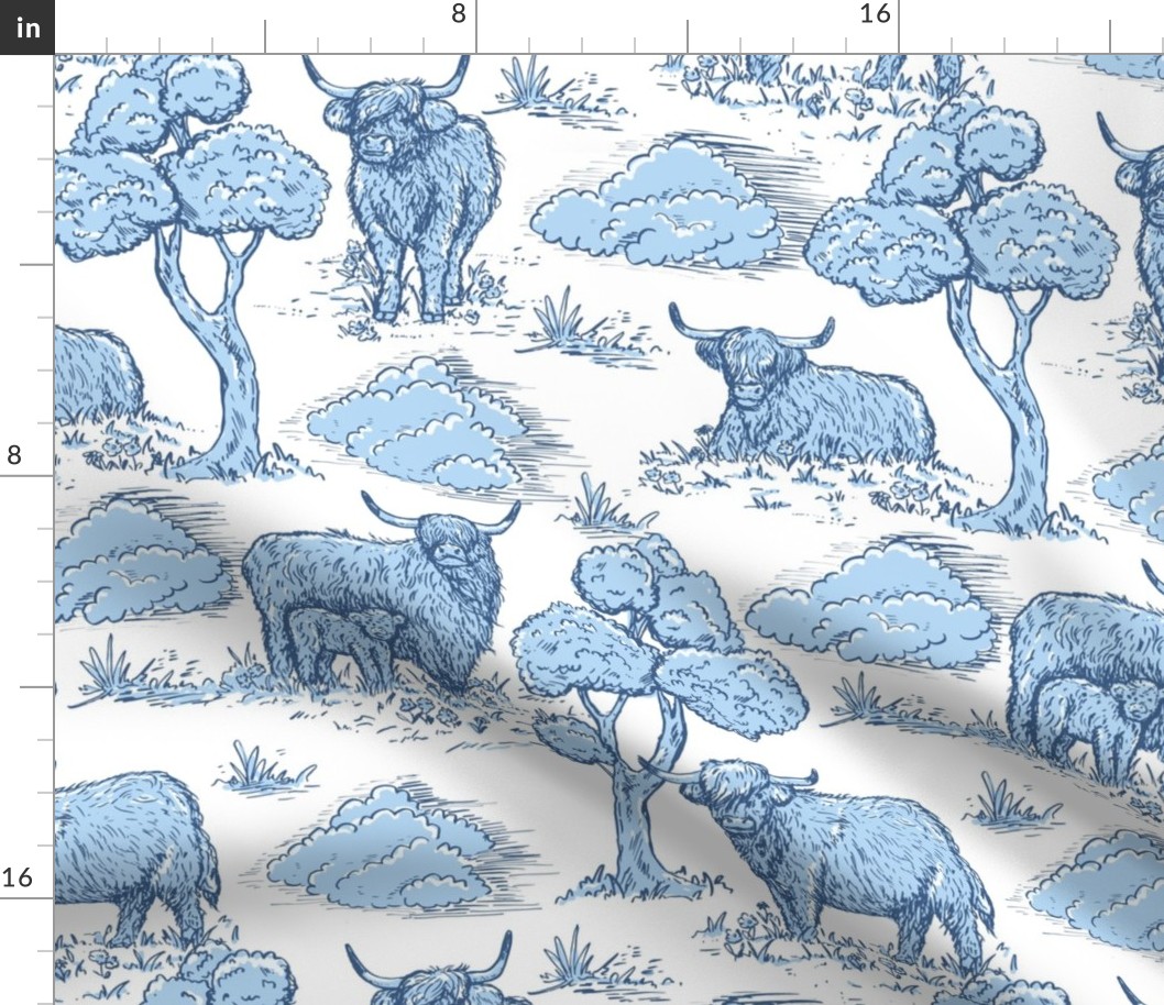 highland cow toile de jouy blues and white large scale WB24