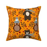 Christmas woodland animals on bright orange