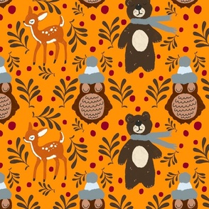 Christmas woodland animals on bright orange