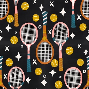 Retro Tennis Rackets and Balls | Big Version | hand drawn Gouache Vintage Tennis Pattern on black Background