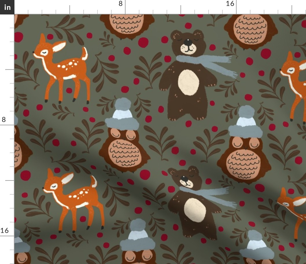 Christmas woodland animals on dark green