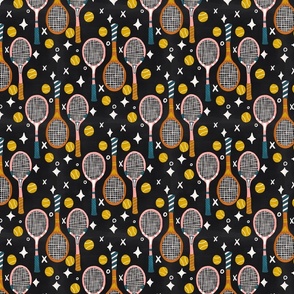 Retro Tennis Rackets and Balls | Medium Version | hand drawn Gouache Vintage Tennis Pattern on black Background