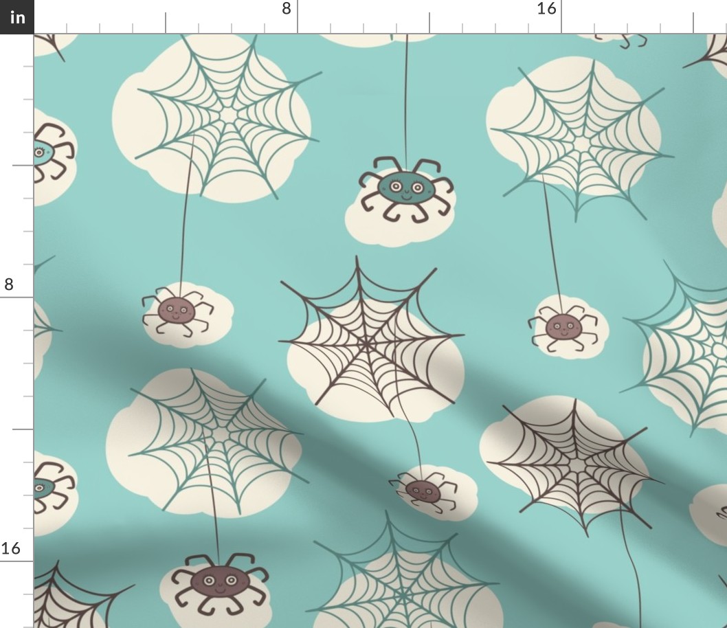 Happy-dark-brown-hanging-Halloween-spiders-with-webs-kitschy-1950s-sky-blue-XL-jumbo