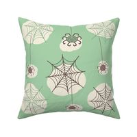 Happy-dark-brown-hanging-Halloween-spiders-with-webs-kitschy-1950s-mint-green-XL-jumbo