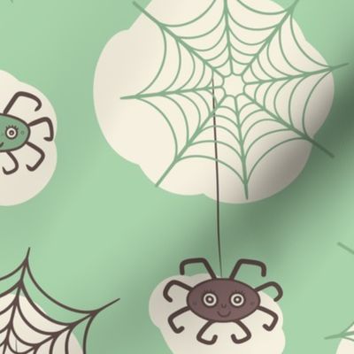 Happy-dark-brown-hanging-Halloween-spiders-with-webs-kitschy-1950s-mint-green-XL-jumbo