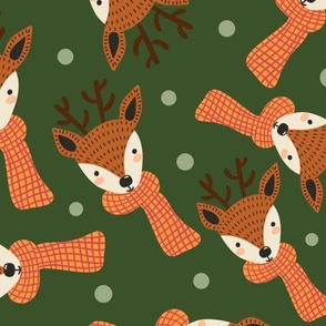 (L) Cute cozy deers natural Christmas on green