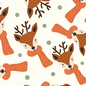 (L) Cute cozy deers natural Christmas on ivory 