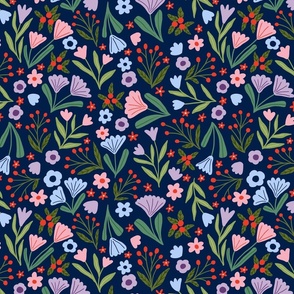 Summer ditsy wildflowers - Dark blue - Medium scale