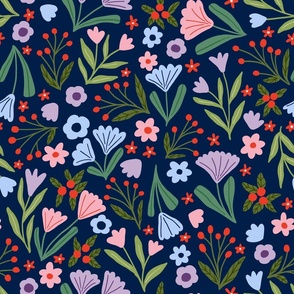 Summer ditsy wildflowers - Dark blue - Large scale