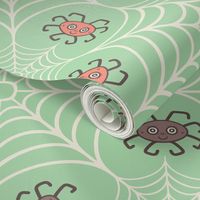 Happy-smiling-spider-kids-in-cobwebs-on-kitschy-1950s-retro-mint-green-XL-jumbo