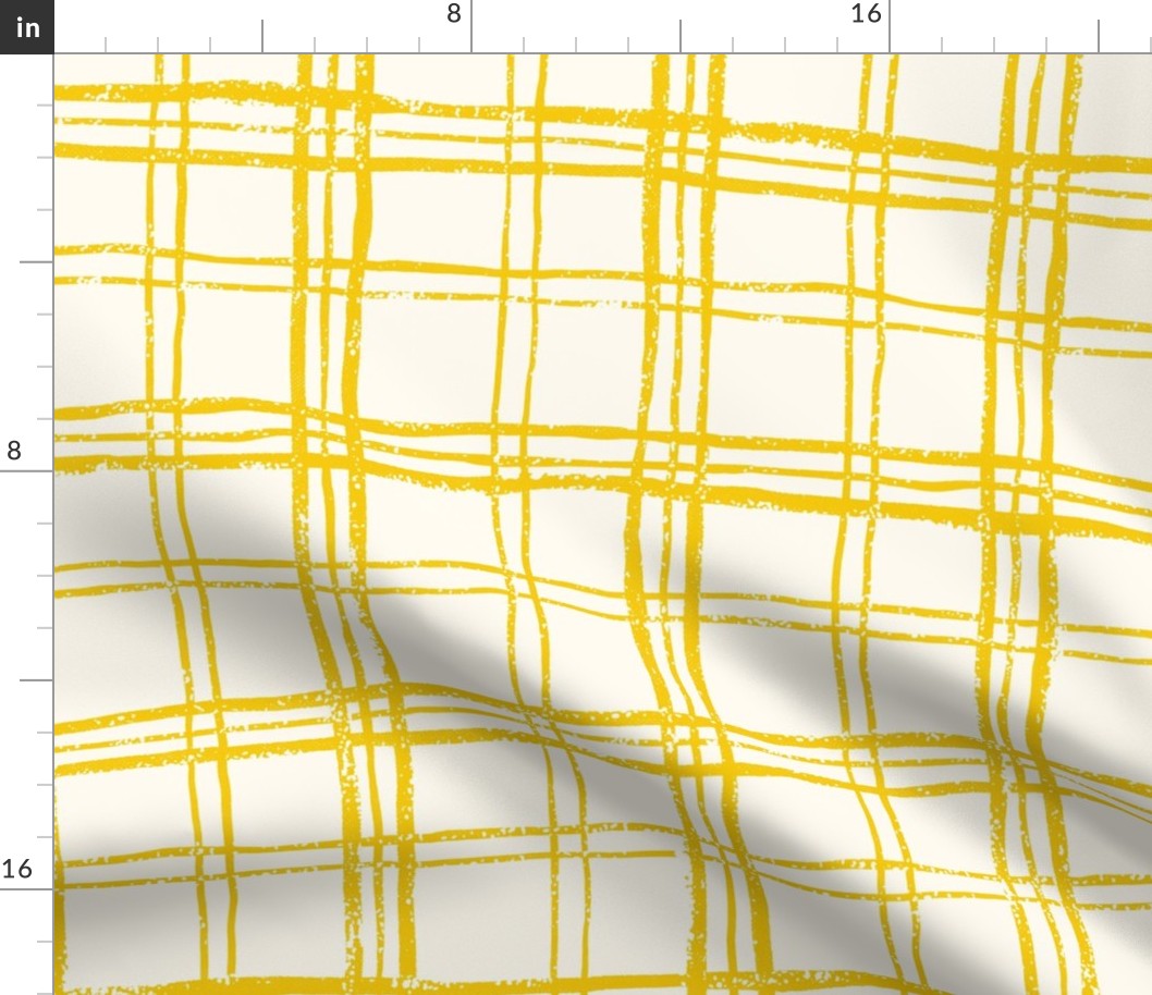 WHIMSICAL CHECKERBOARD PLAID | 24" | Playful twist on a flannel plaid pattern, with whimsical textures and simplicity | a perfect plaid for bedding and wallpapers | Yellow on off-white backdrop