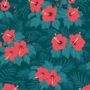 (L) Jungle Hibiscus - coral pink flowers on blue