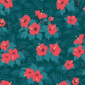 (M) Jungle Hibiscus - coral pink flowers on blue