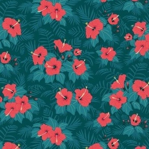 (S) Jungle Hibiscus - coral pink flowers on blue