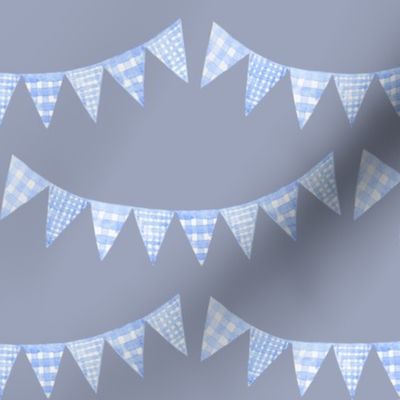 Watercolor, Hand Painted  Blue Gingham Banner on Grey Blue, Boy's  Party, L