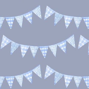 Watercolor, Hand Painted  Blue Gingham Banner on Grey Blue, Boy's  Party, L