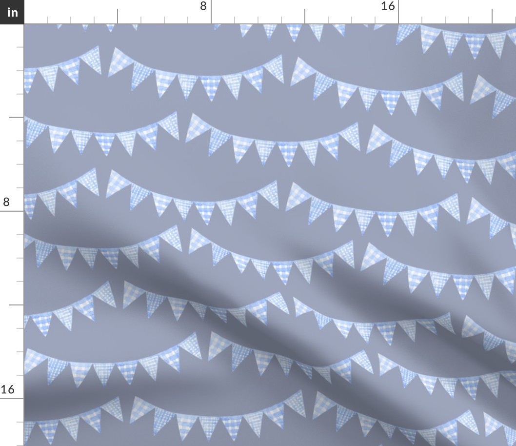 Watercolor, Hand Painted  Blue Gingham Banner on Grey Blue, Boy's  Party, L