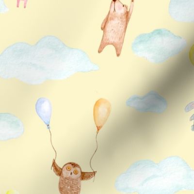 (L)Watercolour woodland animals with party balloons - light yellow